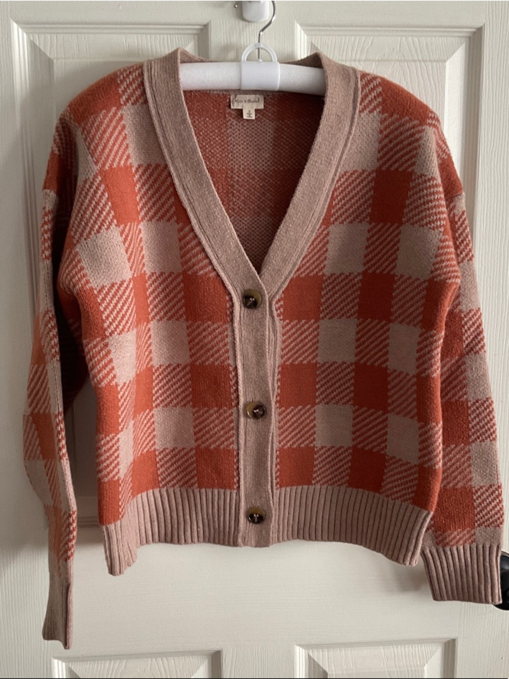 Hem & Thread Rust and Blush Plaid V-Neck Button-Up Cardigan